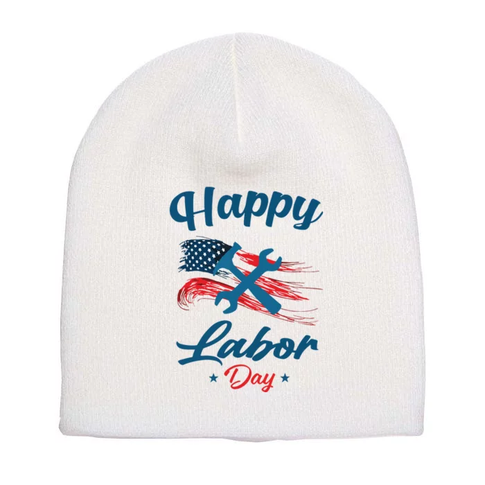 Happy Labor Day American Flag Holiday US Worker Short Acrylic Beanie