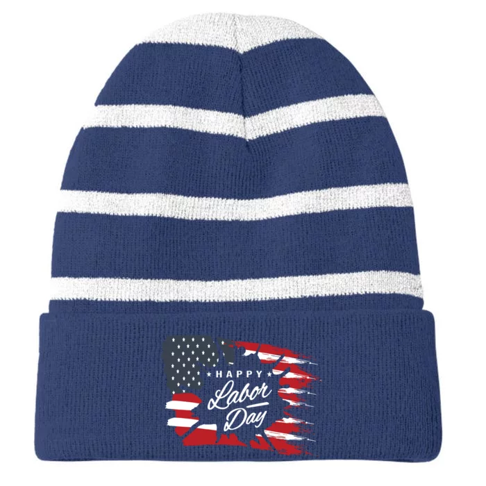 Happy Labor Day Gift American Flag Striped Beanie with Solid Band