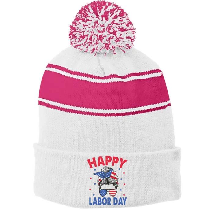 Happy Labor Day Shirts For Labor Day Messy Bun USA Flag Stripe Pom Pom Beanie