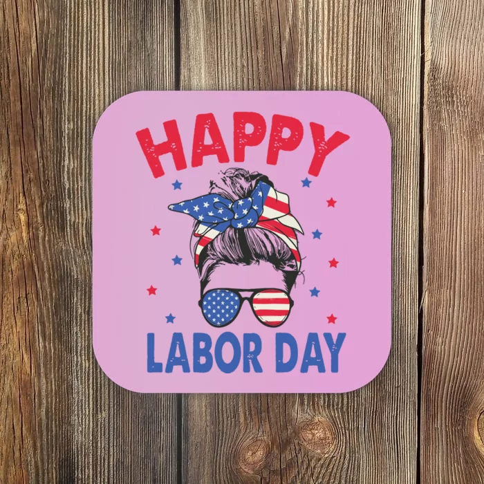 Happy Labor Day Shirts For Labor Day Messy Bun USA Flag Coaster