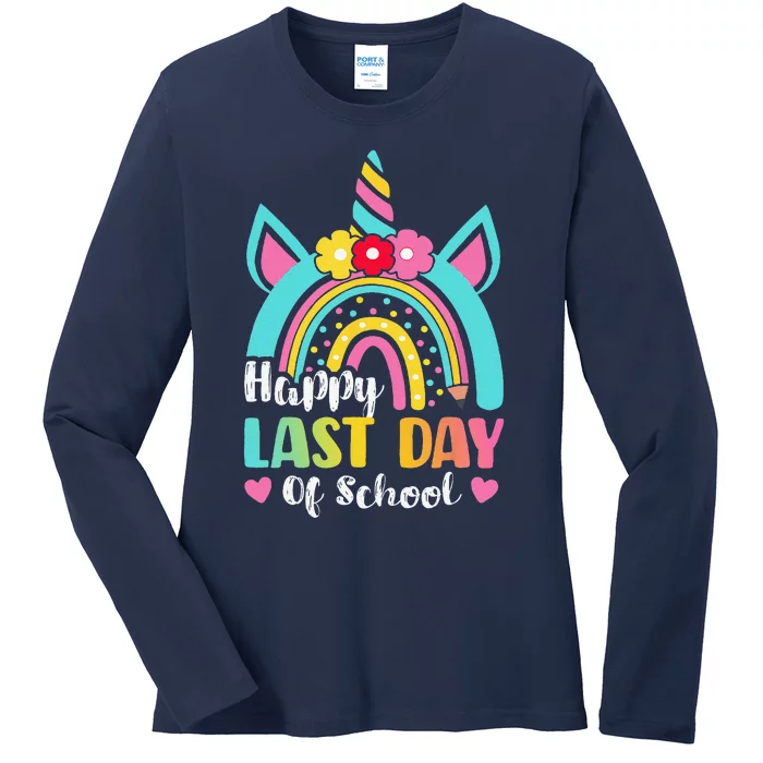 Happy Last Day Of School Rainbow Unicorn Graduation Funny Ladies Long Sleeve Shirt