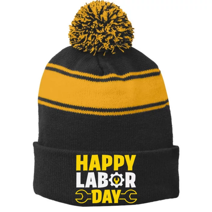 Happy Labor Day Celebration Graphic Stripe Pom Pom Beanie