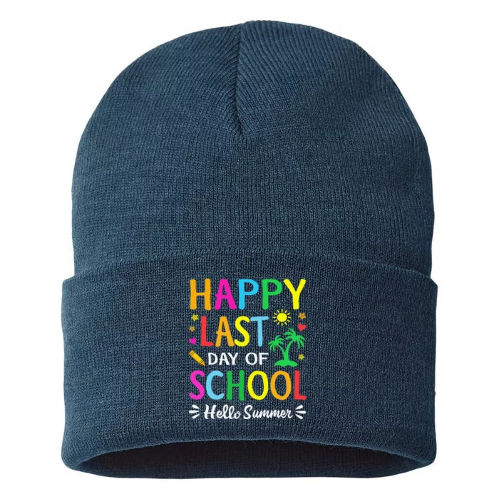 Happy Last Day Of School Hello Summer Students And Teachers Sustainable Knit Beanie