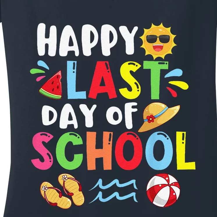 Happy Last Day Of School Summer Time Cute Sun Students Funny Women's V-Neck T-Shirt