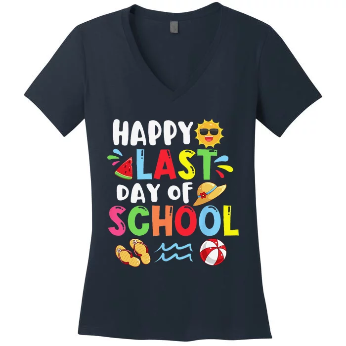 Happy Last Day Of School Summer Time Cute Sun Students Funny Women's V-Neck T-Shirt