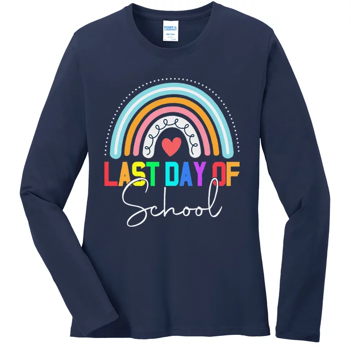 Happy Last Day Of School Teacher Student Graduation Rainbow Cute Ladies Long Sleeve Shirt