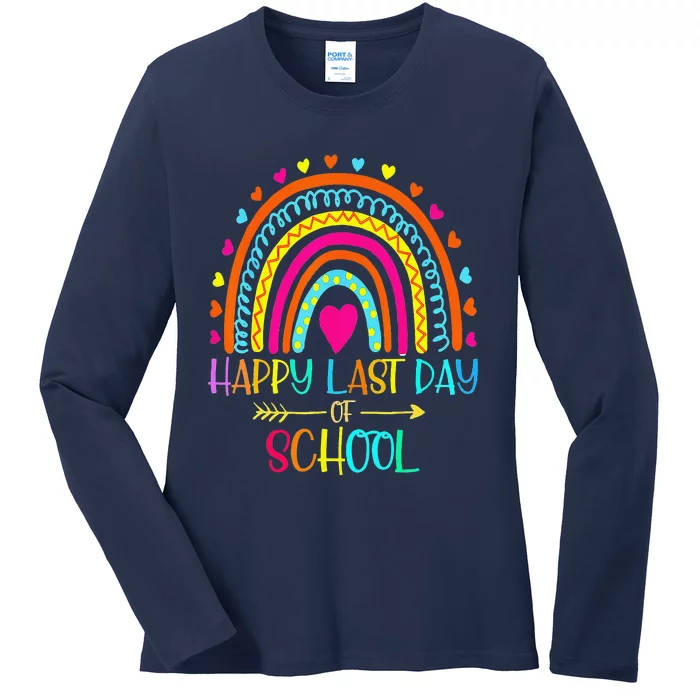 Happy Last Day Of School Teacher Student Graduation Rainbow Funny Ladies Long Sleeve Shirt