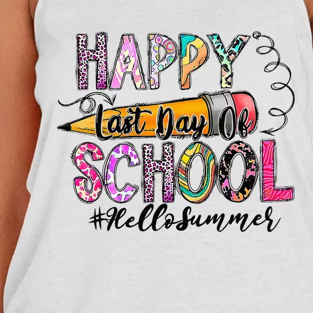 Happy Last Day Of School Hello Summer Teacher Student Women's Knotted Racerback Tank