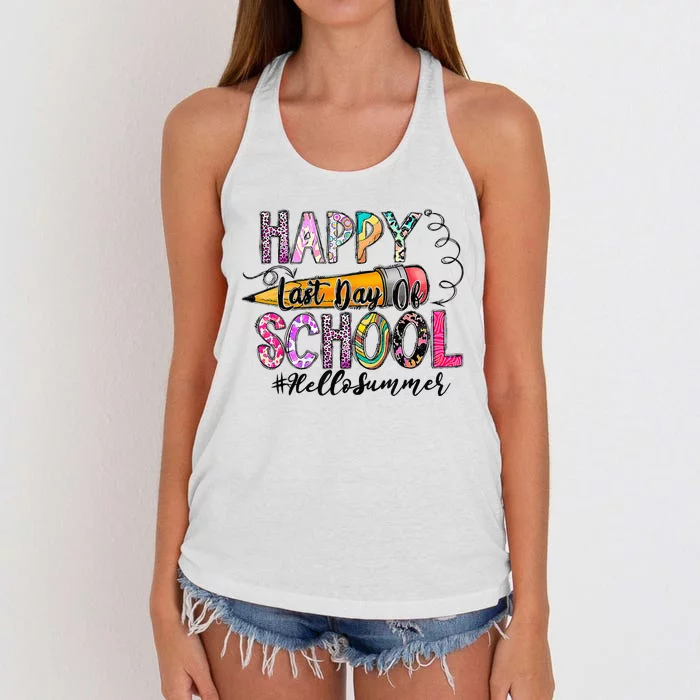 Happy Last Day Of School Hello Summer Teacher Student Women's Knotted Racerback Tank