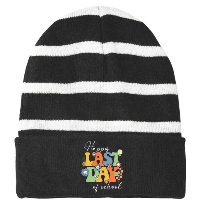 Happy Last Day Of School Graduation Groovy Teacher Striped Beanie with Solid Band