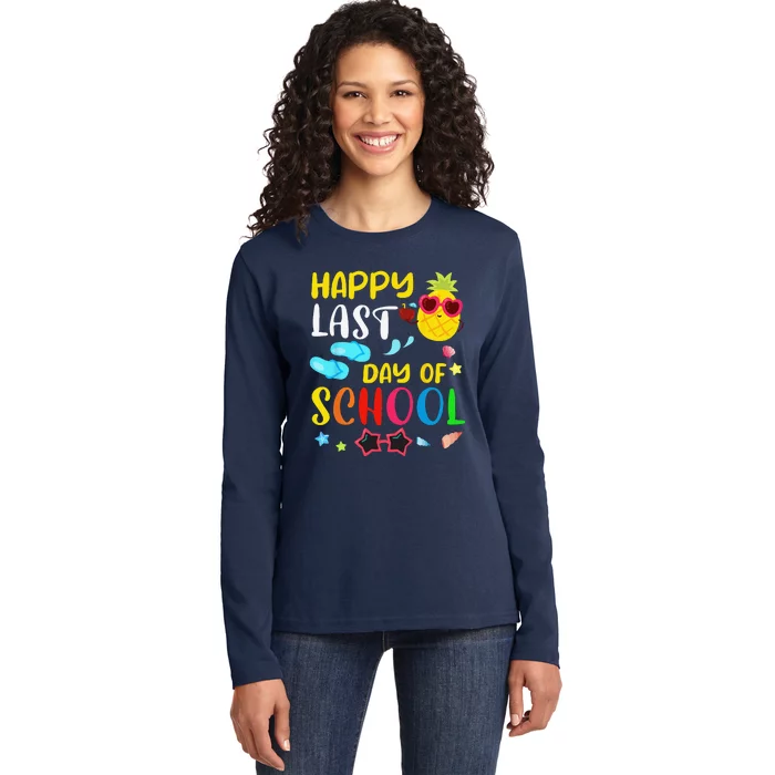 Happy Last Day Of School Teacher Student Summer Pineapple Ladies Long Sleeve Shirt