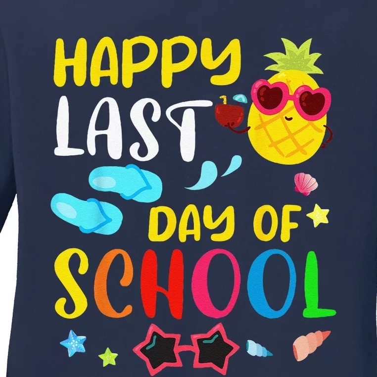 Happy Last Day Of School Teacher Student Summer Pineapple Ladies Long Sleeve Shirt