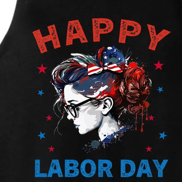 Happy Labor Day Patriotic Happy Vintage Labor Day Messy Bun Ladies Tri-Blend Wicking Tank