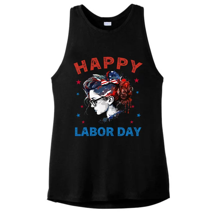 Happy Labor Day Patriotic Happy Vintage Labor Day Messy Bun Ladies Tri-Blend Wicking Tank