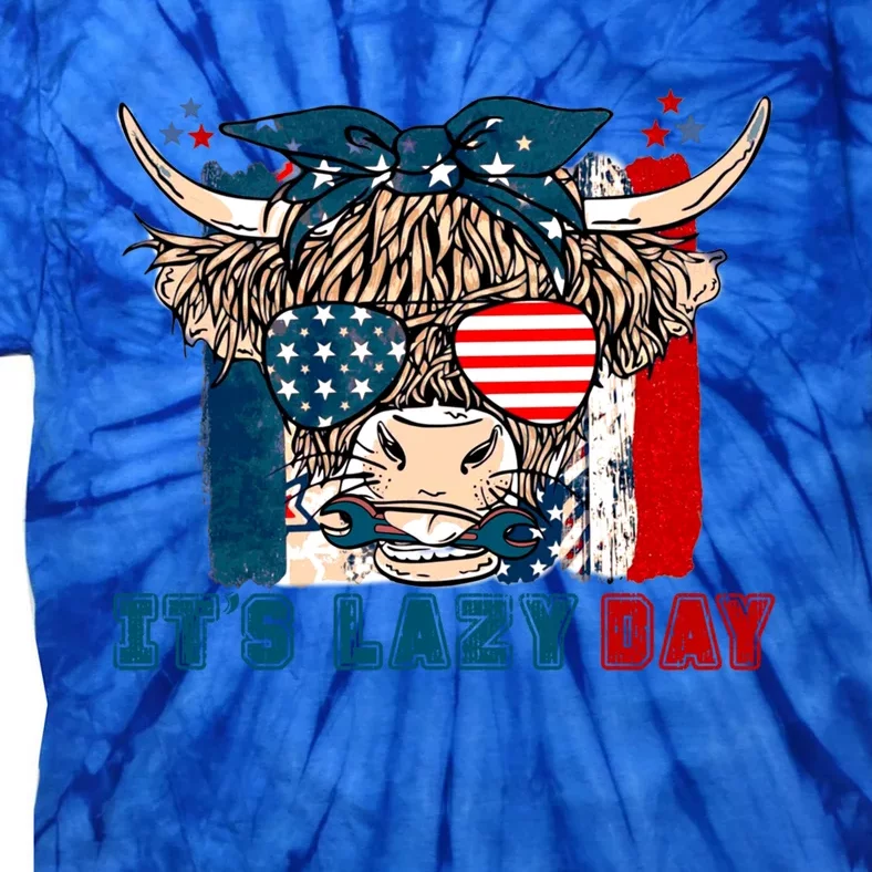 Happy Labor Day Highland Cow American Flag Funny Lazy Day Funny Gift Tie-Dye T-Shirt