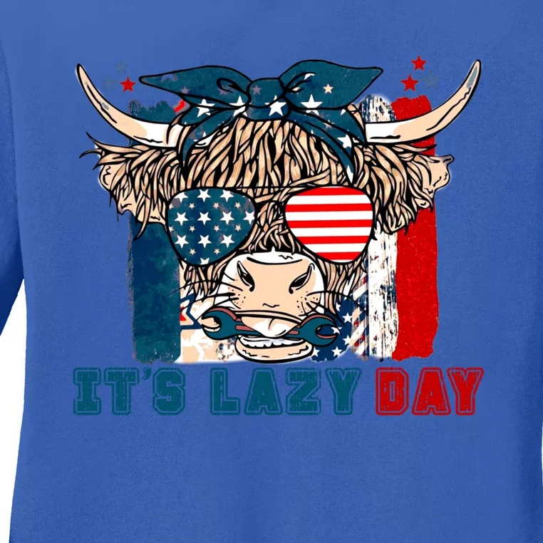 Happy Labor Day Highland Cow American Flag Funny Lazy Day Funny Gift Ladies Long Sleeve Shirt