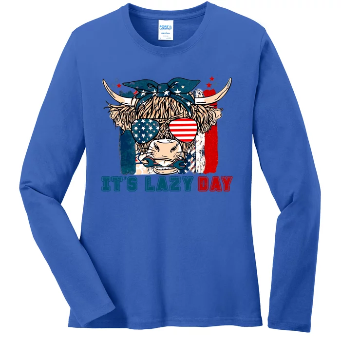 Happy Labor Day Highland Cow American Flag Funny Lazy Day Funny Gift Ladies Long Sleeve Shirt