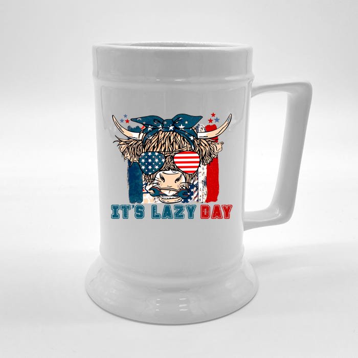 Happy Labor Day Highland Cow American Flag Funny Lazy Day Funny Gift Front & Back Beer Stein