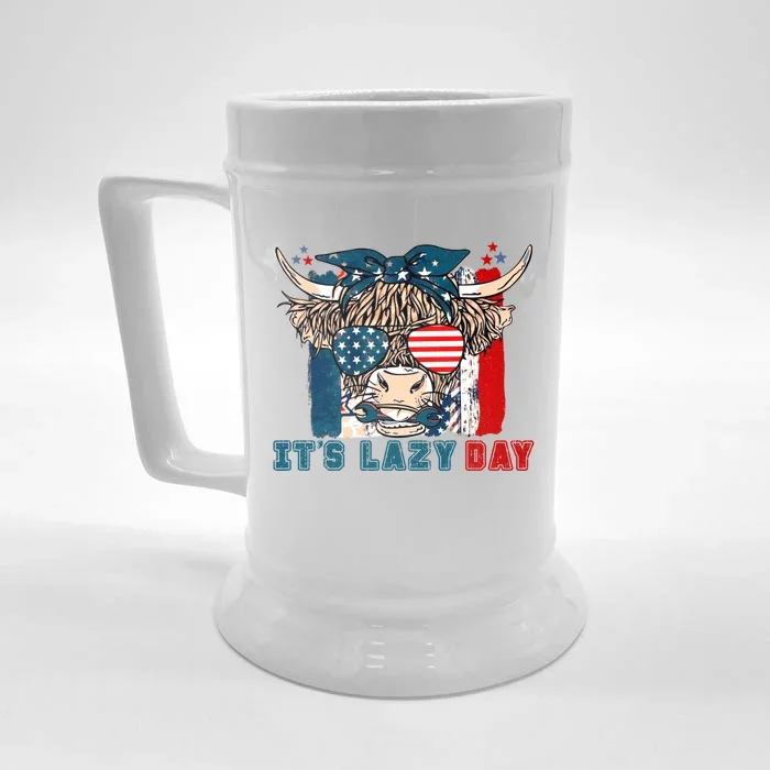 Happy Labor Day Highland Cow American Flag Funny Lazy Day Funny Gift Front & Back Beer Stein