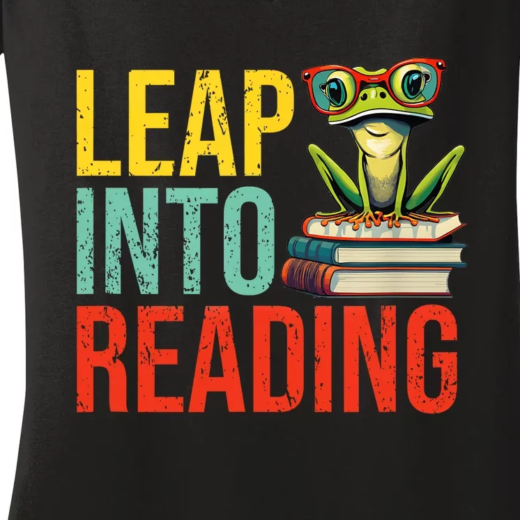 Happy Leap Day Teacher Leap Into Reading Leap Day 2024 Women's V-Neck T-Shirt