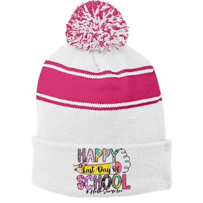 Happy Last Day Of School Hello Summer Teacher Student Stripe Pom Pom Beanie