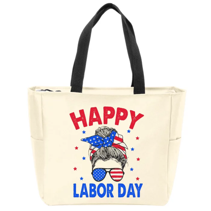 Happy Labor Day Messy Bun USA Flag Zip Tote Bag