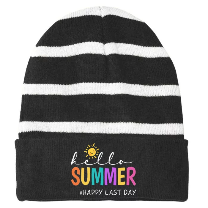 Happy Last Day Of School Teacher Student Hello Summer Striped Beanie with Solid Band