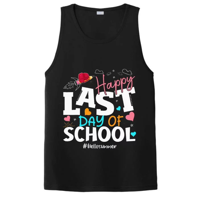 Happy Last Day Of School Hello Summer Students And Teachers Performance Tank