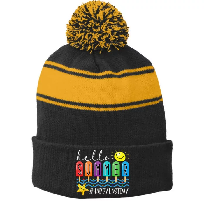 Happy Last Day of School Teachers Student Hello Summer Vibes Stripe Pom Pom Beanie