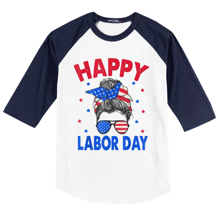 Happy Labor Day Shirts For Women Labor Day Messy Bun USA Flag Baseball Sleeve Shirt