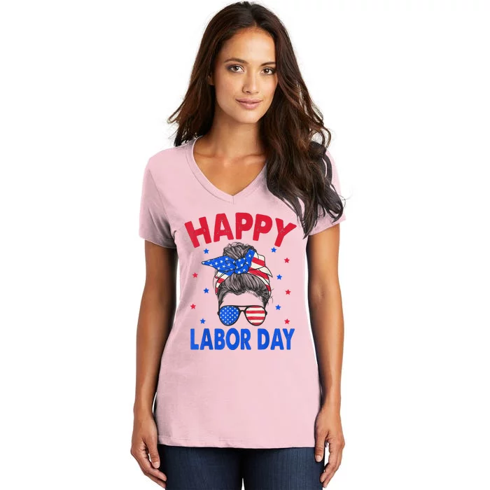 Happy Labor Day Shirts For Women Labor Day Messy Bun USA Flag Women's V-Neck T-Shirt