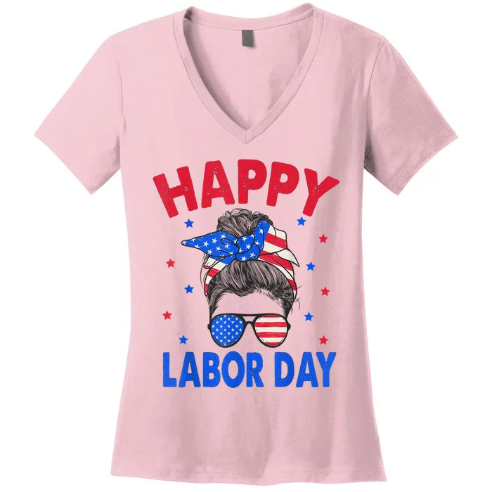 Happy Labor Day Shirts For Women Labor Day Messy Bun USA Flag Women's V-Neck T-Shirt