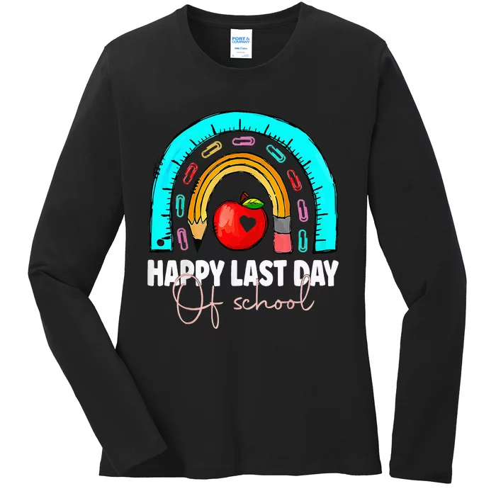 Happy Last Day of School Teacher Student Graduation Rainbow Ladies Long Sleeve Shirt