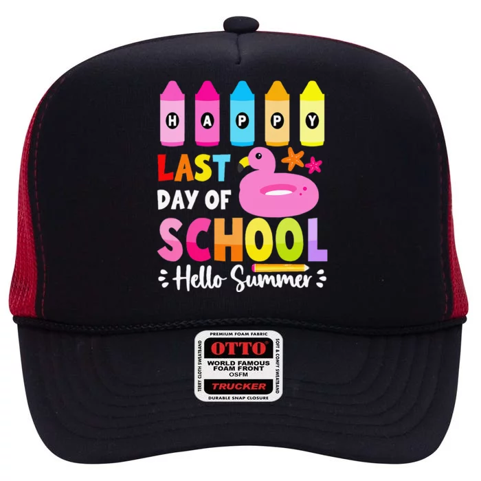 Happy Last Day Of School Student Hello Summer 2024 High Crown Mesh Trucker Hat