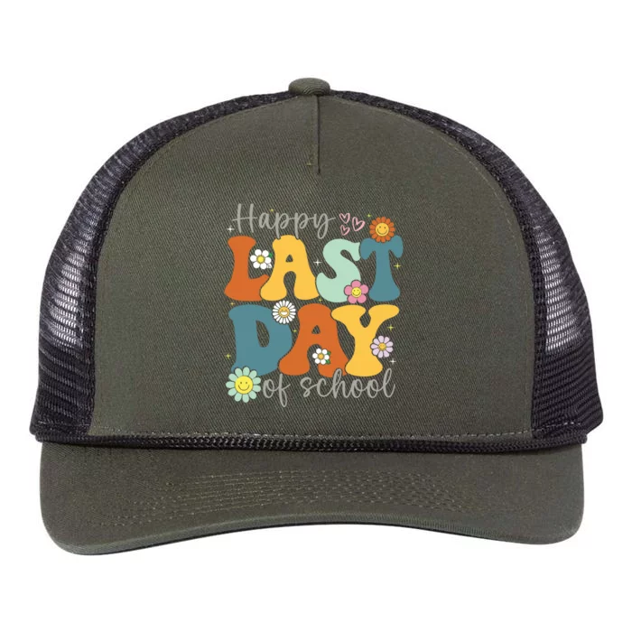 Happy Last Day Of School Graduation Groovy Teacher Student Retro Rope Trucker Hat Cap