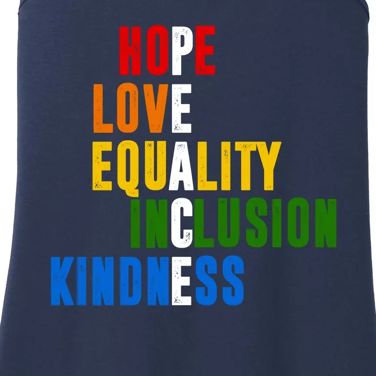 Hope Love Equality Inclusion Kindness Peace Quote Ladies Essential Tank