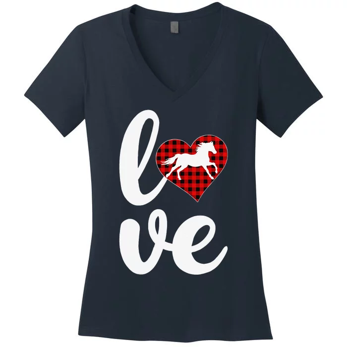 Horse Lover Funny Buffalo Plaid Love Horse Valentine's Day Women's V-Neck T-Shirt