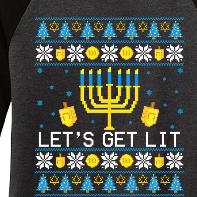 Hanukkah Let's Get Lit Jewish Ugly Sweater Channukah Menorah Women's Tri-Blend 3/4-Sleeve Raglan Shirt