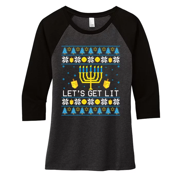 Hanukkah Let's Get Lit Jewish Ugly Sweater Channukah Menorah Women's Tri-Blend 3/4-Sleeve Raglan Shirt