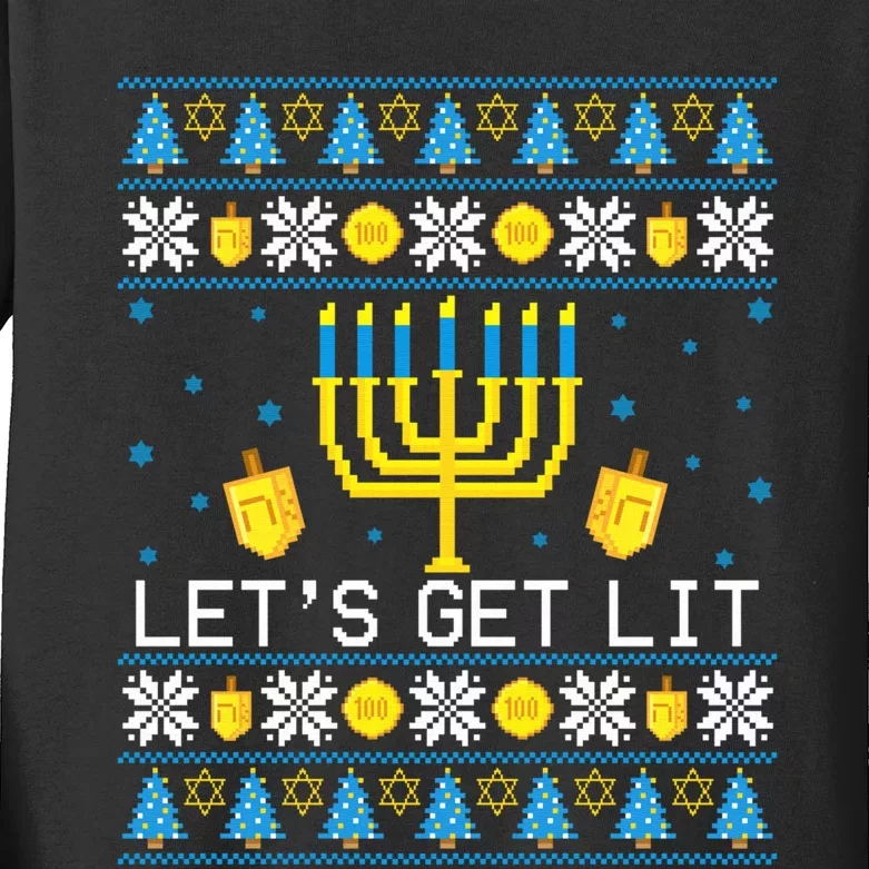 Hanukkah Let's Get Lit Jewish Ugly Sweater Channukah Menorah Kids Long Sleeve Shirt