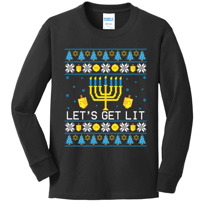 Hanukkah Let's Get Lit Jewish Ugly Sweater Channukah Menorah Kids Long Sleeve Shirt