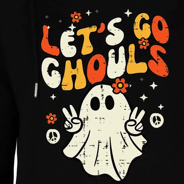 Halloween Lets Go Ghouls Ghost Retro Womens Funnel Neck Pullover Hood