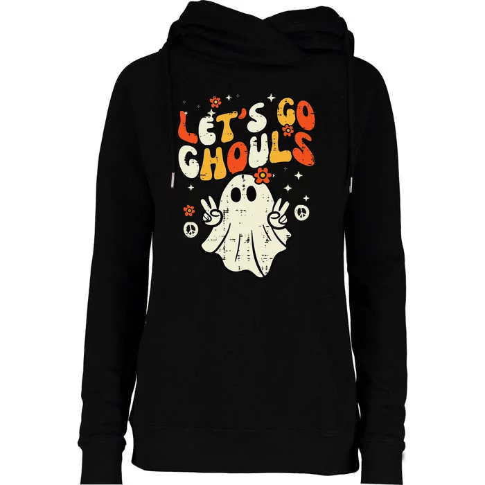 Halloween Lets Go Ghouls Ghost Retro Womens Funnel Neck Pullover Hood