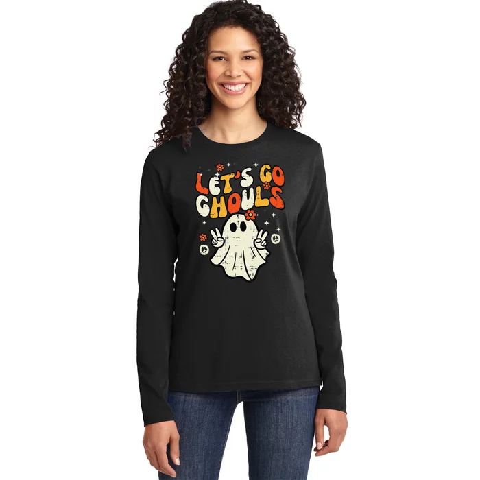 Halloween Lets Go Ghouls Ghost Retro Ladies Long Sleeve Shirt