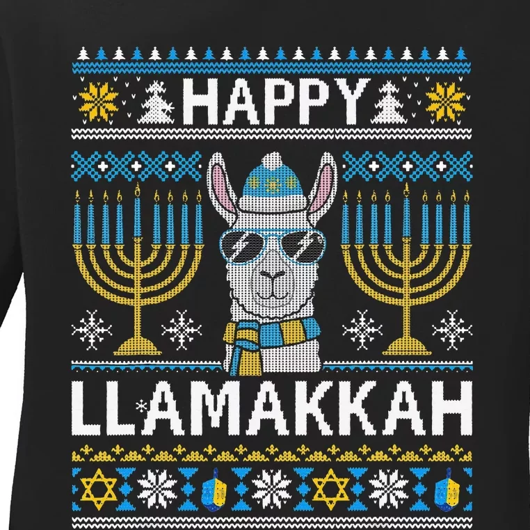 Happy Llamakkah Hanukkah Llama Menorah Chanukah Alpaca Gift Ladies Long Sleeve Shirt