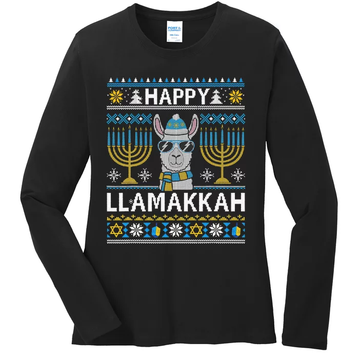 Happy Llamakkah Hanukkah Llama Menorah Chanukah Alpaca Gift Ladies Long Sleeve Shirt