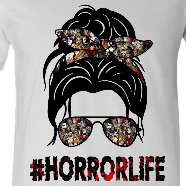 Horror Life Halloween Lover Hair Bun V-Neck T-Shirt