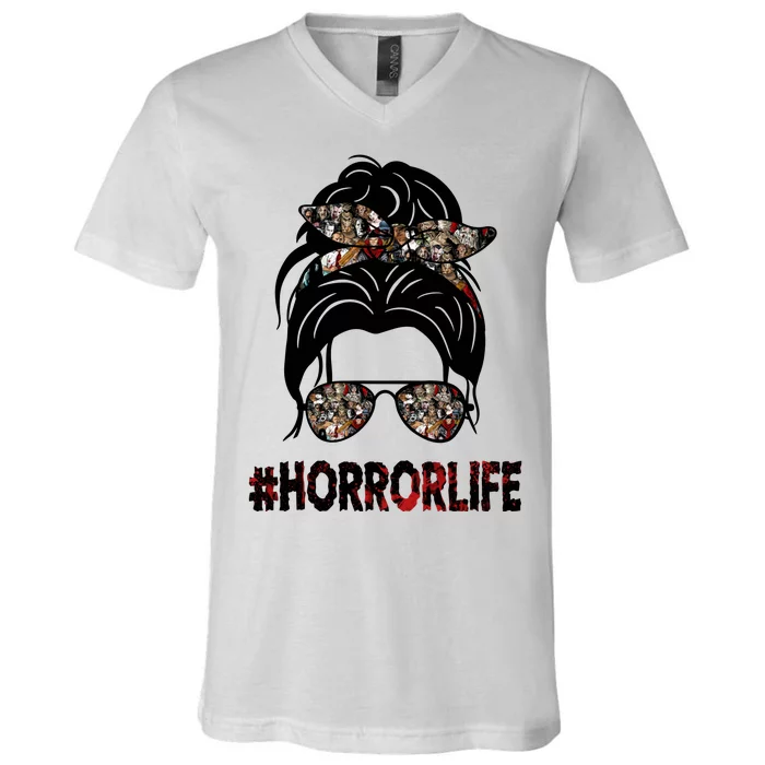 Horror Life Halloween Lover Hair Bun V-Neck T-Shirt