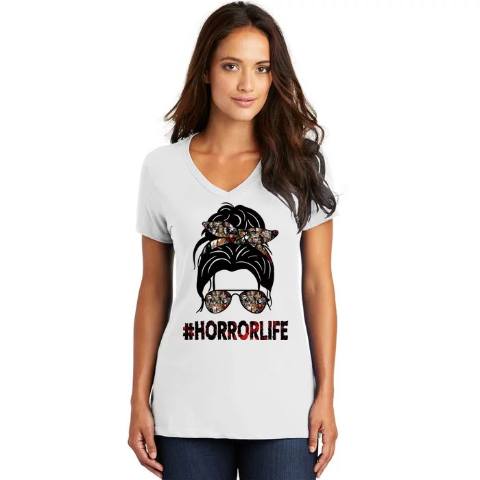 Horror Life Halloween Lover Hair Bun Women's V-Neck T-Shirt