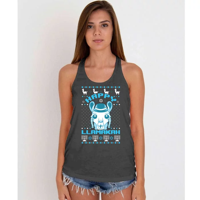 Happy Llamakah Jewish Llama Hanukkah Ugly Christmas Sweater Women's Knotted Racerback Tank